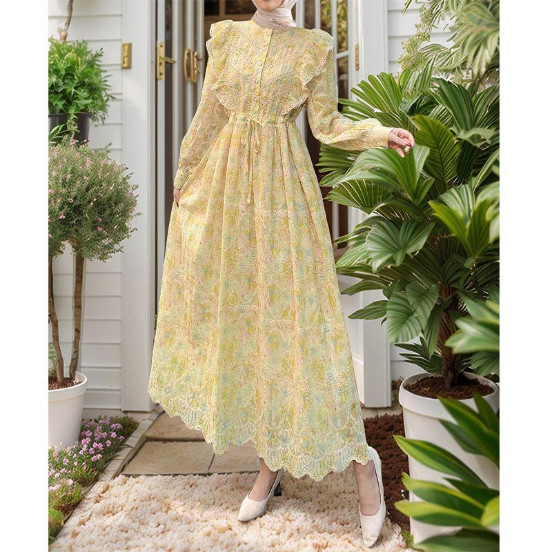 

2025 Ближний Восток Новое Полое Вышивка Рюши Пэчворк Кружево Цветочный Иностранная Торговля Халат Платье Платье Yellow XL