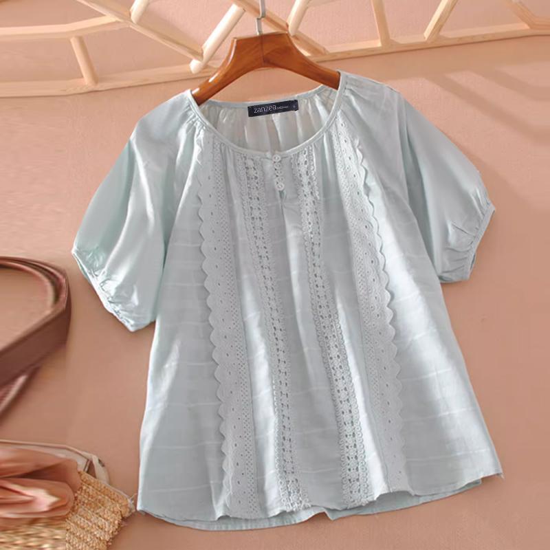 

ZANZEA Кружевная лоскутная летняя повседневная блузка с коротким рукавом и круглым вырезом S синий