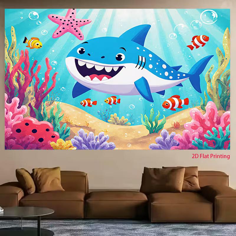2D Baby Shark Photo Backdrop Underwater World Coral Reef Fish Starfish Background for Studio