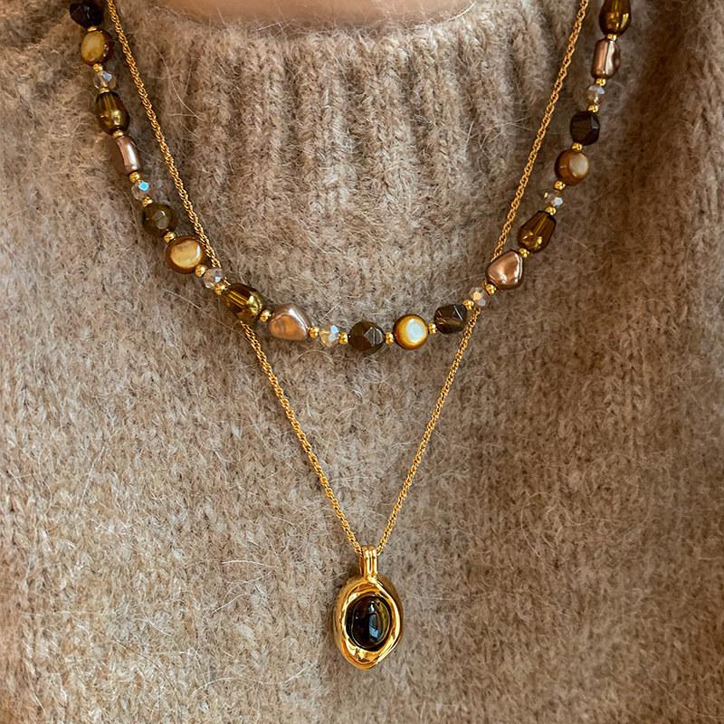 Retro tiger's eye stone beaded long necklace women's accessories summer 1011 new high-end light luxury niche sweater chain