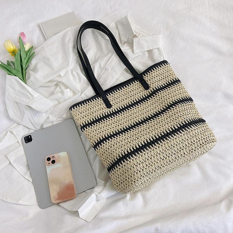 Designer Striped Straw Shoulder Bag Female Fashion Large Capacity Shopping Women's Handbags Summer Leisure Beach Tote Bag