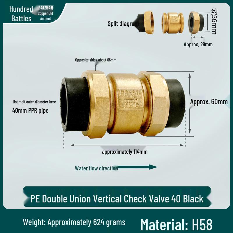 6/4 PPR Hot Melt Full Copper Check Valve, Horizontal/Vertical, 1-Inch Double Union, One-Way Tap Water Pipe Valve.