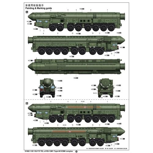 Trumpeter 1/35 scale Russian RS-12M Intercontinental Ballistic Missile Topol M plastic model kit, model number 01082, molded in color