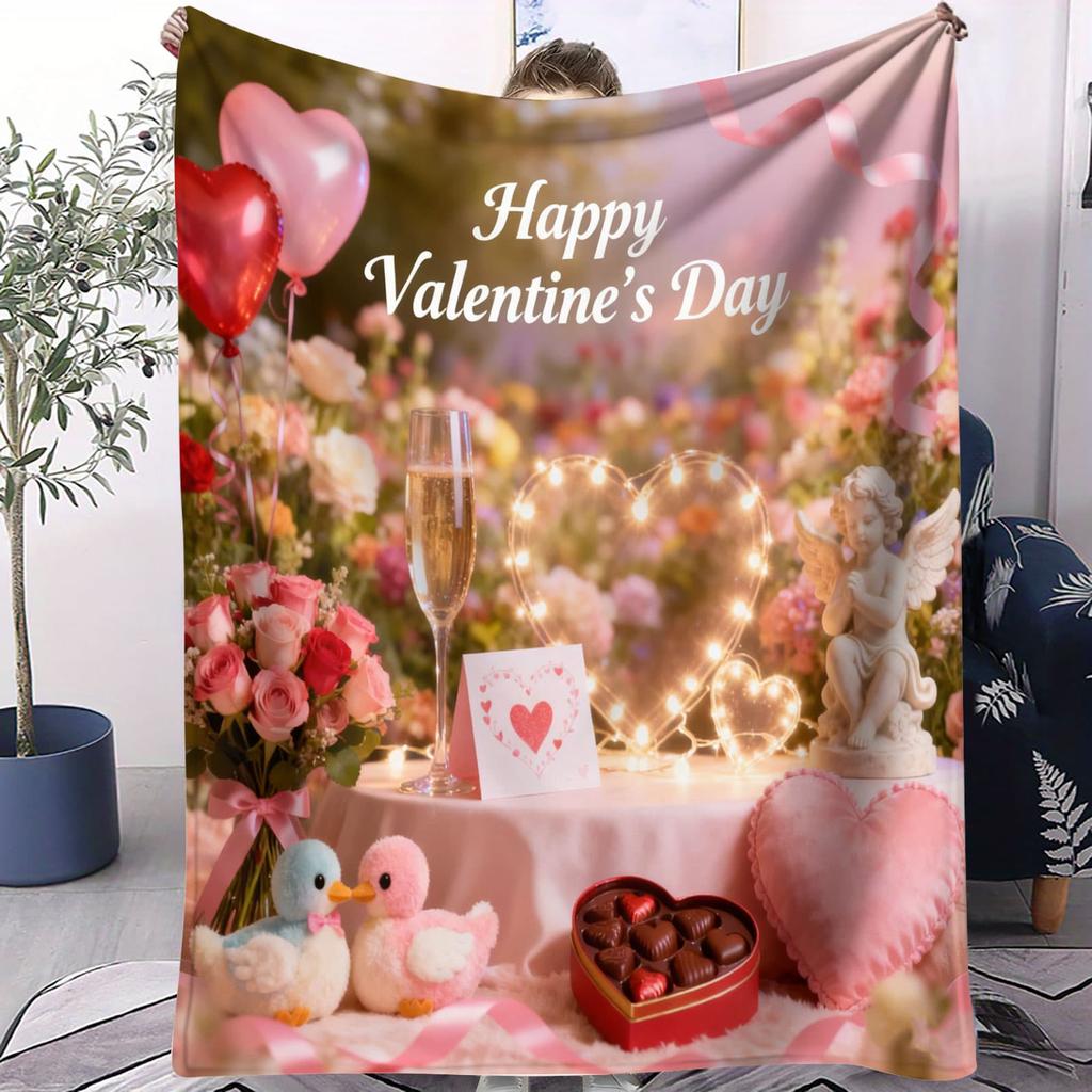 Cartoon Cupid Heart Rose Plush Blanket Cute Throw for Living Room Bed Valentines Celebrations Ideal Lovebirds Gift Enthusiasts