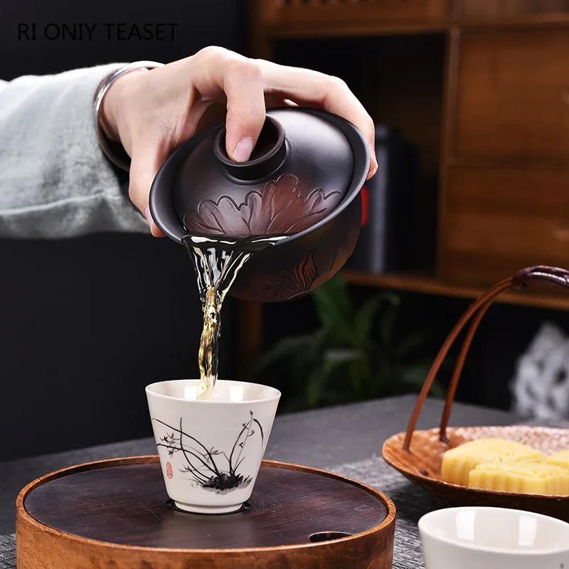 Vintage Purple Pottery Gaiwan Pot Bearing Chinese Handmade Tea Bowl Teacup Beauty Tea Infuser Household Travel Personal Teaware
