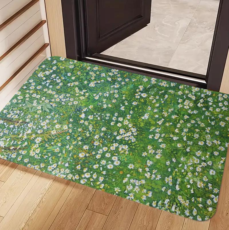 Impressionist Floral Meadow Doormat Carpet Rug Daisy Wildflower Rabbit Pattern Non Slip Decorative Floor Mat for Home Entryway 40x60cm