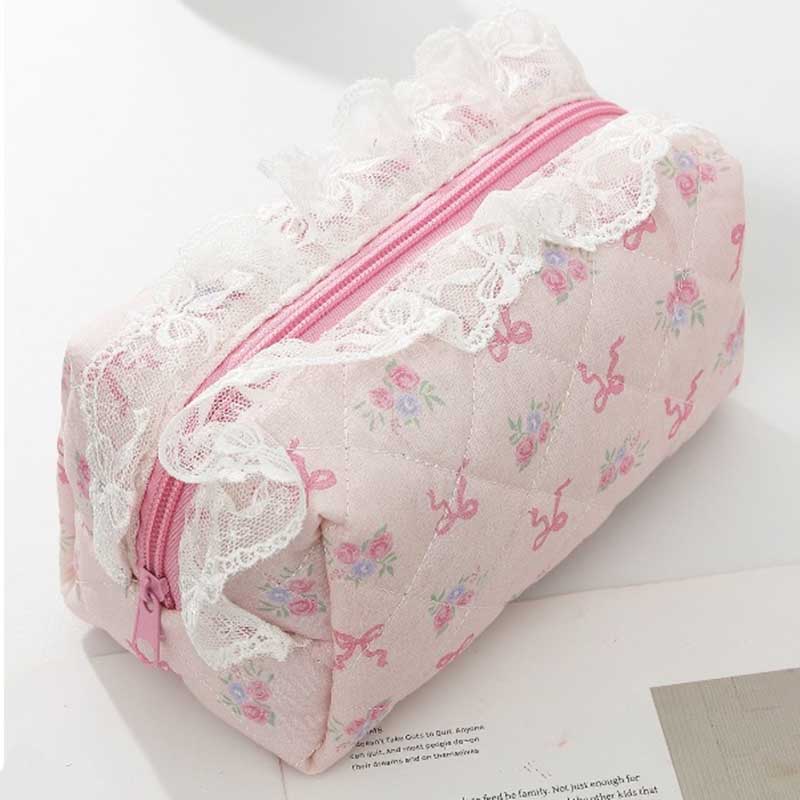 Ruffled Edge Bowknot Floral Print Makeup Bag Large Capacity Quilting Pen Bag Women Cosmetic Storage Bag Travel Wash Bags Clutch