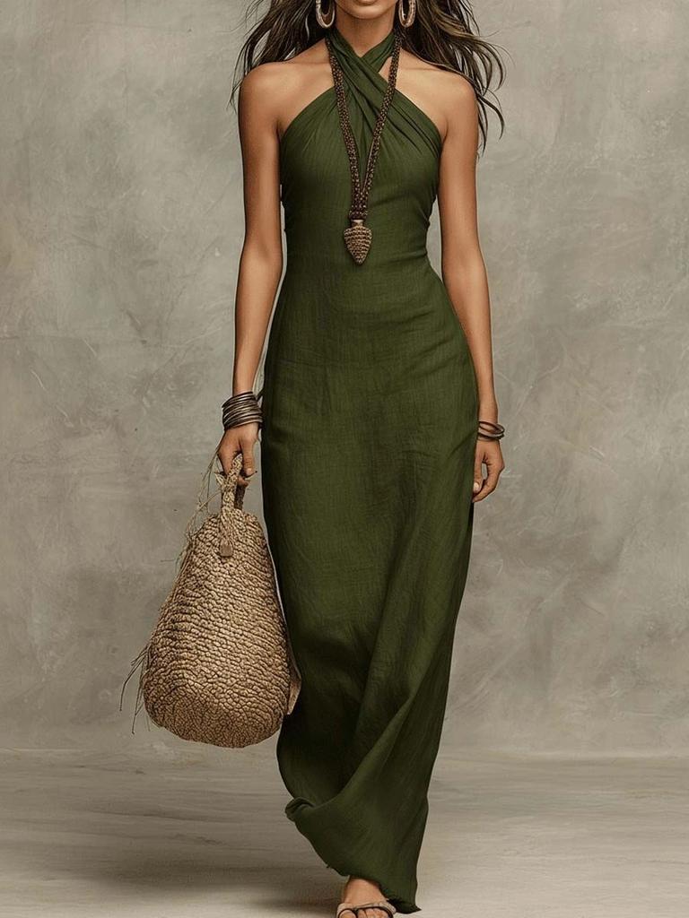 Women Halter Neck Sleeveless Maxi Dress Solid Color Casual Summer Beach Dress