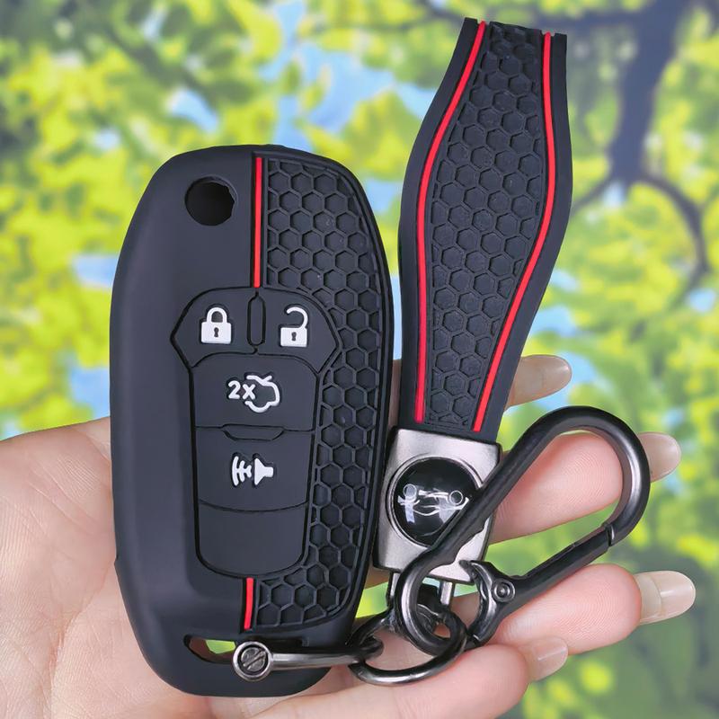 Sport Red Stripe Silicone Key Case With Keychain, Honeycomb Protector For 2015 2016 2017 Ford Fusion F150 F-150 Folding Car Key