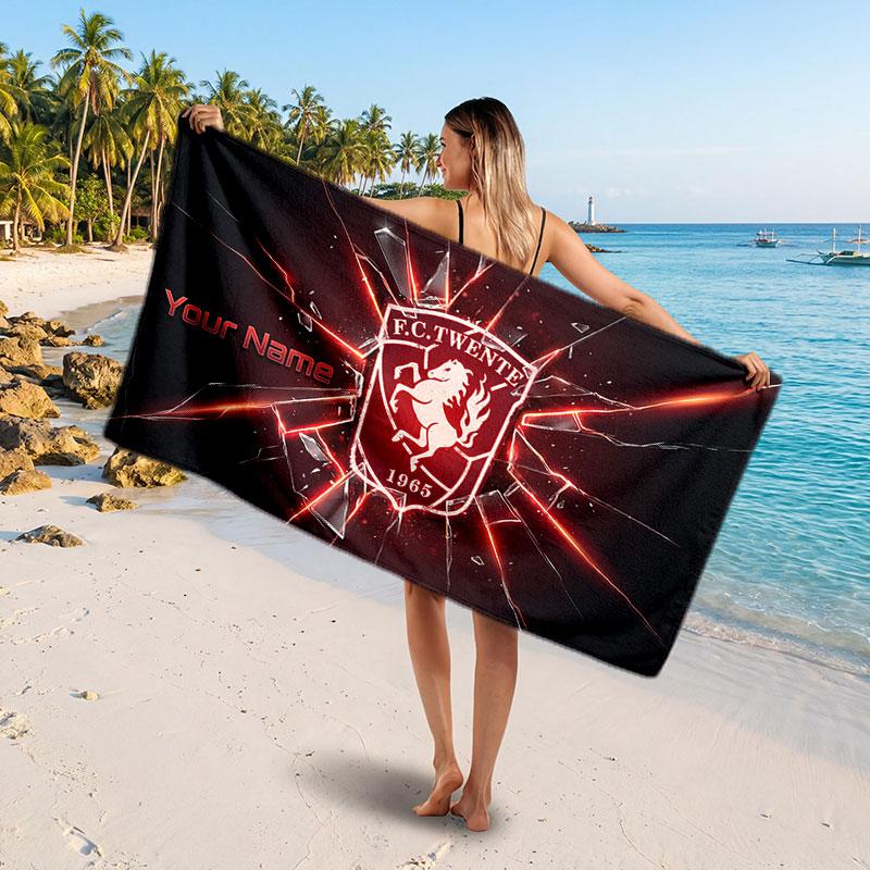 FC Twente Custom Beach Towel, Personalized Name Text Print, Football Logo Soft Quick‑Dry Towel Holiday Gift