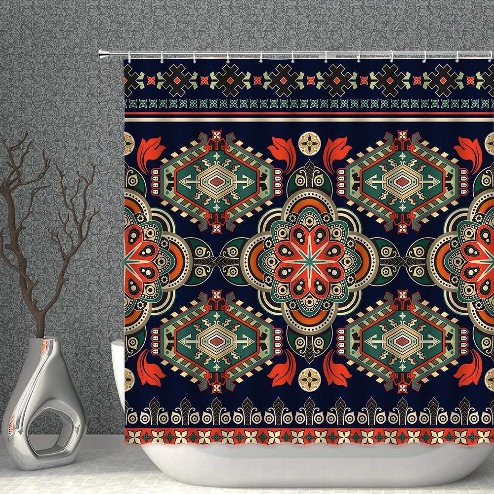 Bohemian Duschvorhang-Set Wasserdichtes Tuch Schwarze Geometrie Fransen Farbig Bedruckte Badevorhänge Mehrere Größen Badezimmer Sichtschutz Dekoration