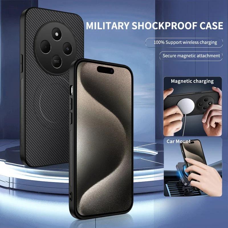 Carbon Fiber Pattern PU Leather Silicone Phone Case For Poco M6 4G M6 Plus M7 5G Magnetic Wireless Charging Soft Back Cover Case