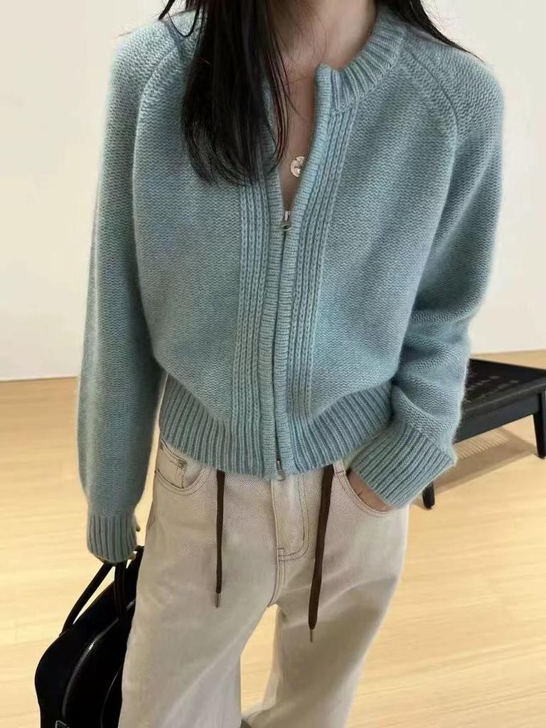 2025 Autumn Winter Pure Wool Double Zipper Women's Round Neck Fluffy Loose Knit Sweater