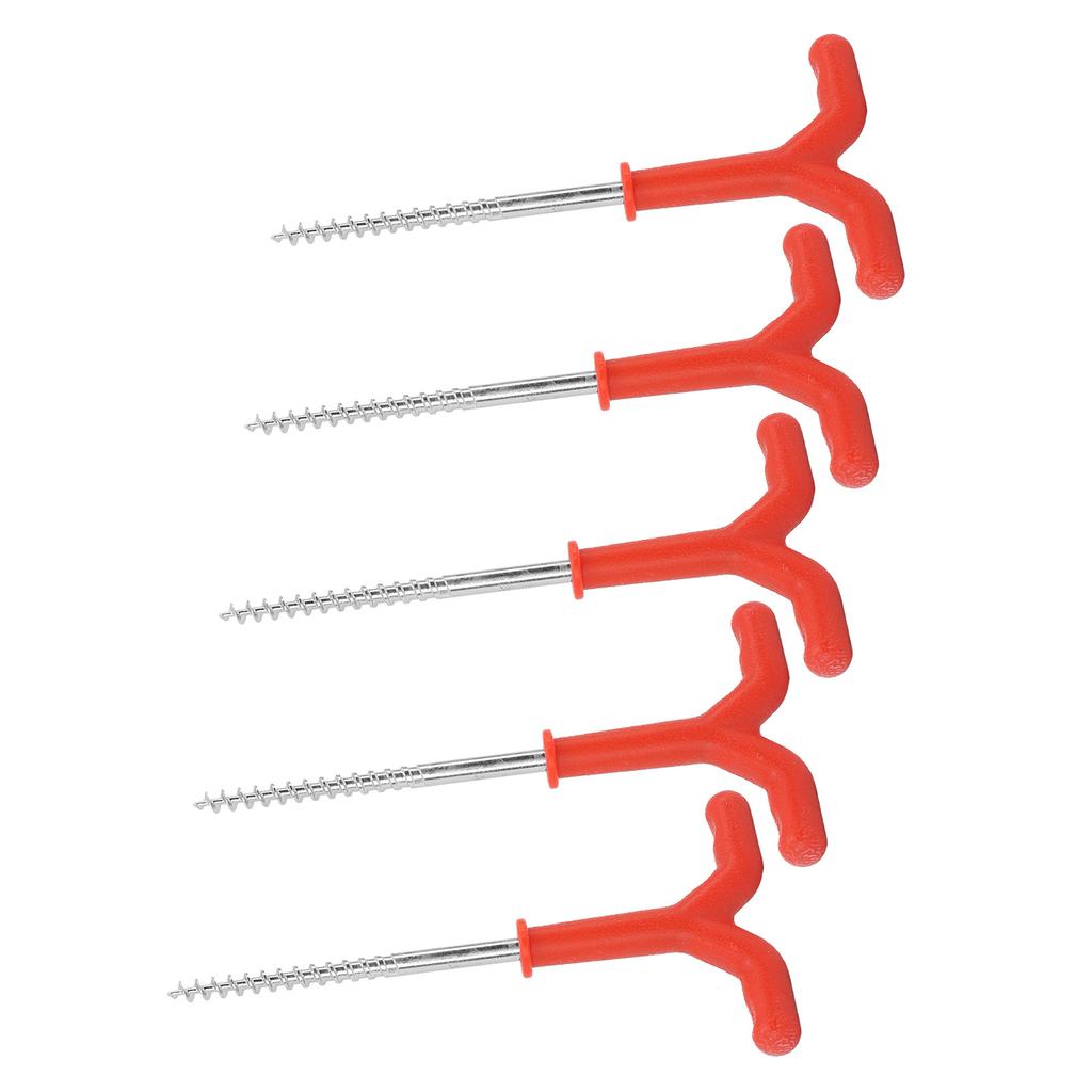 5 Pcs Ice Fishing Tent Pegs, Red Winter Anchors for Camping Shelter, 7.3 Inch Iron Screw Stakes with ABS Handle - High Visibility Ground Nail