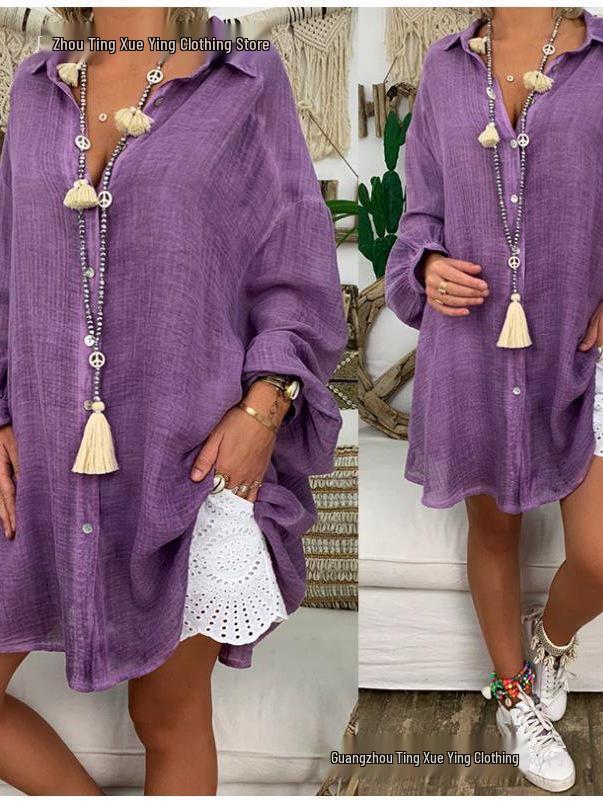 Plus Size Women's Cotton & Linen Long Sleeve Casual Button-Up Shirt