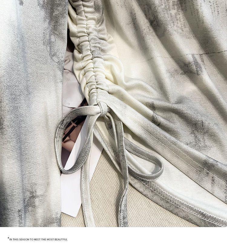 Tie-Dye Women's Irregular Long Sleeve Drawstring Slimming T-Shirt - Korean Style for Spring/Autumn 2025