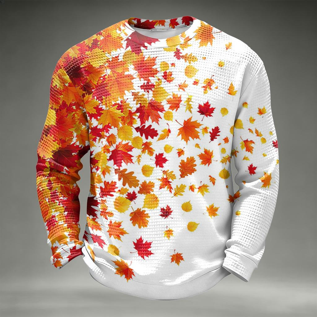 Men's Casual Fall Leaf Print Knit Neck Long Sleeve T-Shirt