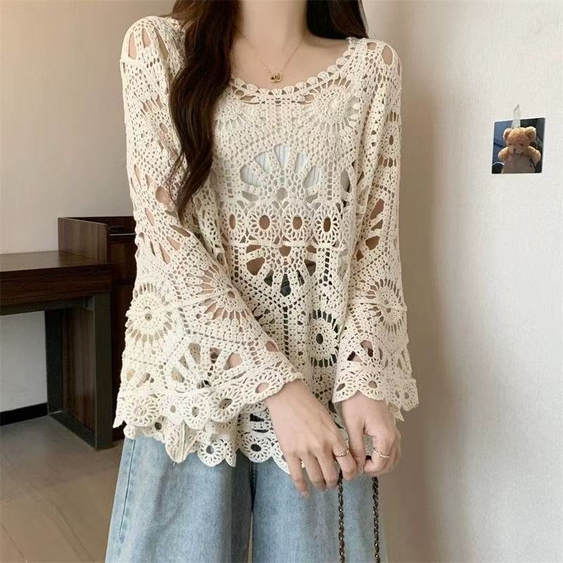 Women's White Crochet Lace Top Long Bell Sleeve Hollow Out Knit Blouse