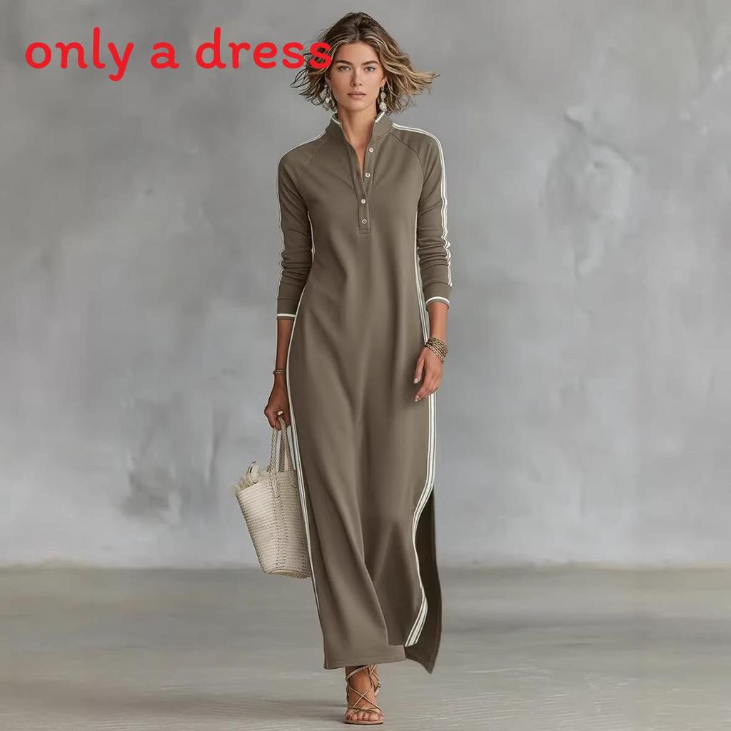 Elegant British Style Long Dress With Button Collar For Casual Office Wear