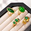 Women's Green Oval Natural Stone Open Ring - Retro Light Luxury Stainless Steel Jewelry