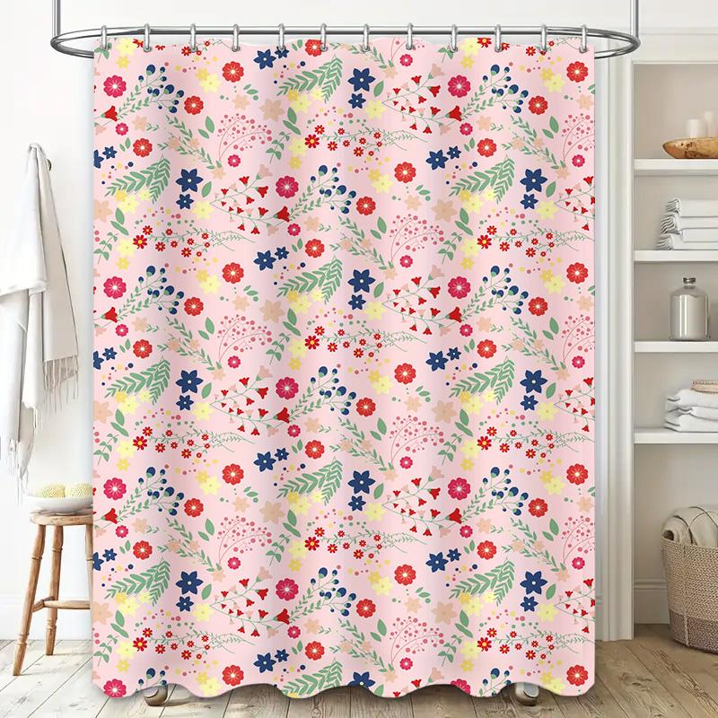 Colorful Floral Print Shower Curtain Pink Blue Flower Decorative Bathroom Accessory for Home Improvement Waterproof Fabric Shamp