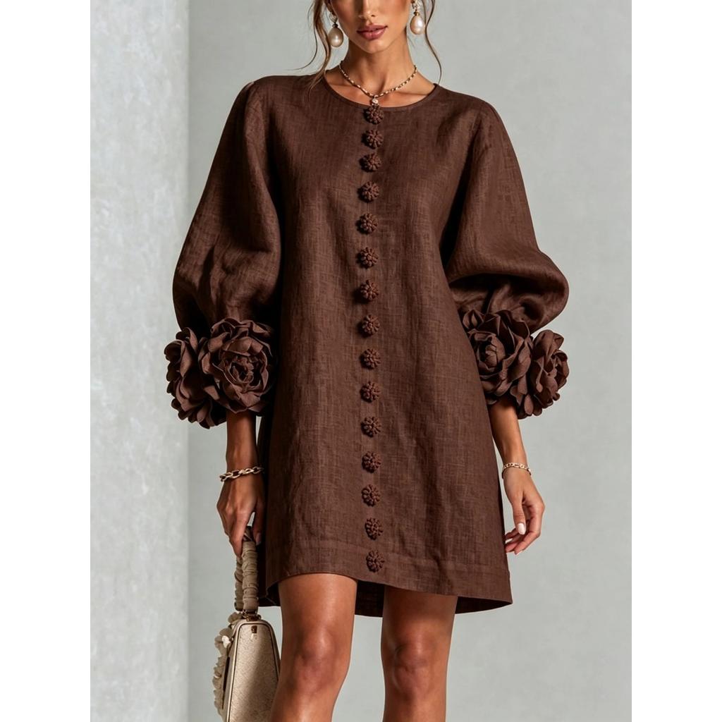 French Style 3D Floral Cotton Linen Dress, Lantern Sleeve Round Neck Single Breasted Loose Slimming Vacation Mini Dress