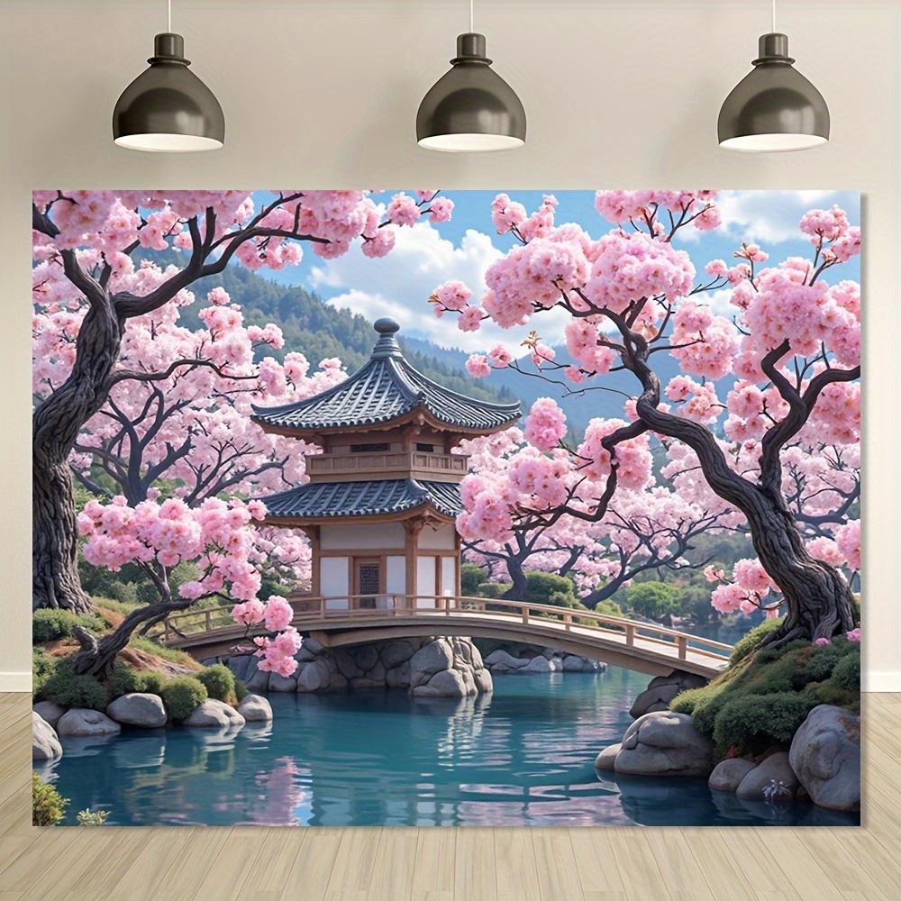 Arazzo Giardino Giapponese, Alberi di Ciliegio e Pagoda sul Ponte, Paesaggio Panoramico Appeso a Parete per Sfondo Casa e Dormitorio