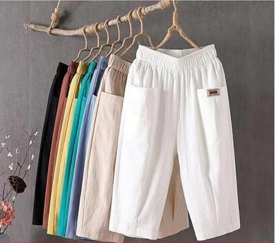 Women's Mid Rise Cotton Linen Cropped Harem Pants Elastic Waist Plus Size Casual Capri Trousers