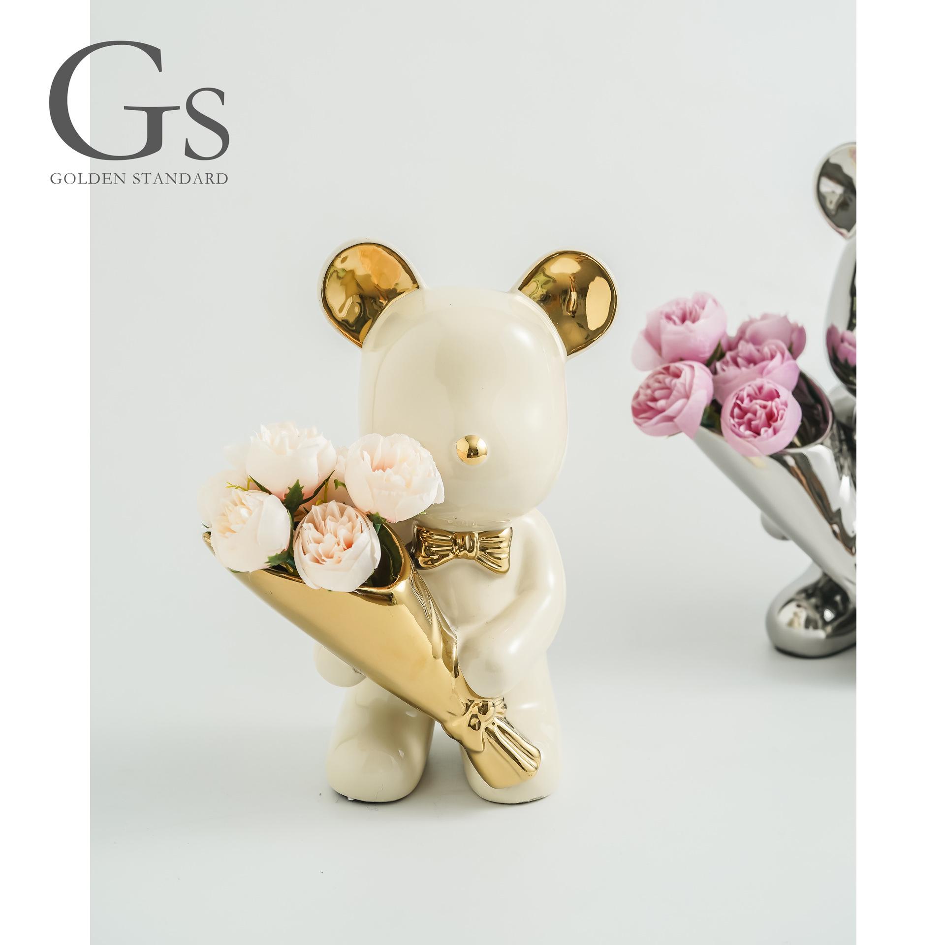 

Керамическая модная фигурка медведя для гостиной, имитация букета, декор ручной работы для прихожей, серванта или ТВ-тумбы.