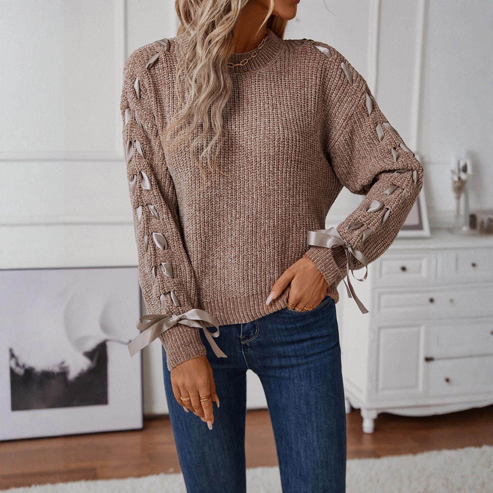 

Женский модный повседневный пуловер свободного кроя с бантом однотонный вязаный свитер с длинным рукавом L хаки