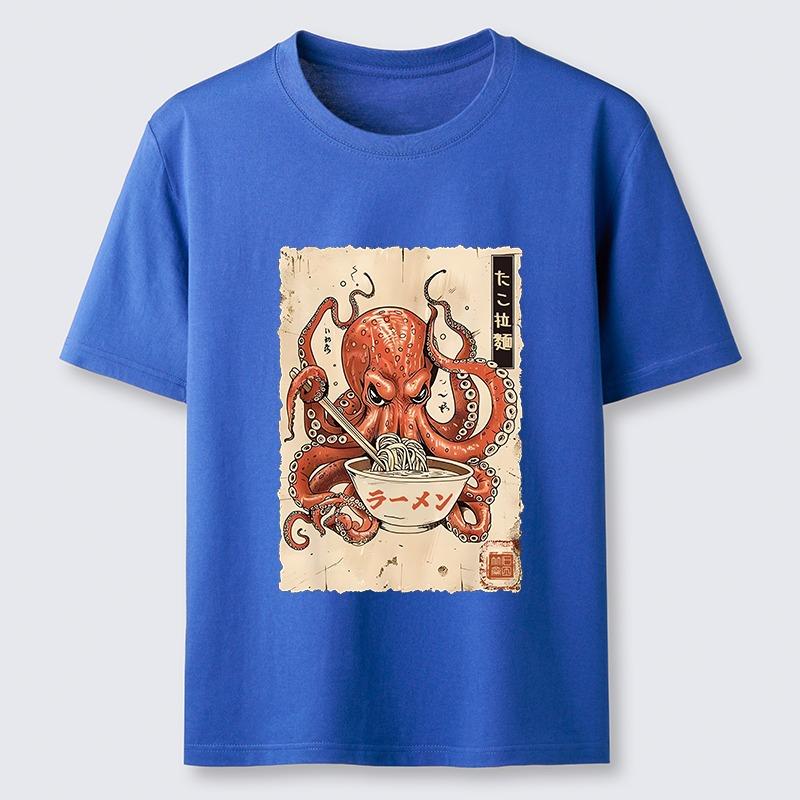 Japanese Style Cotton T-shirts Casual Loose Men's Short Sleeve O-neck Harajuku Tee Retro Octopus Eating Ramen Classic Tunic