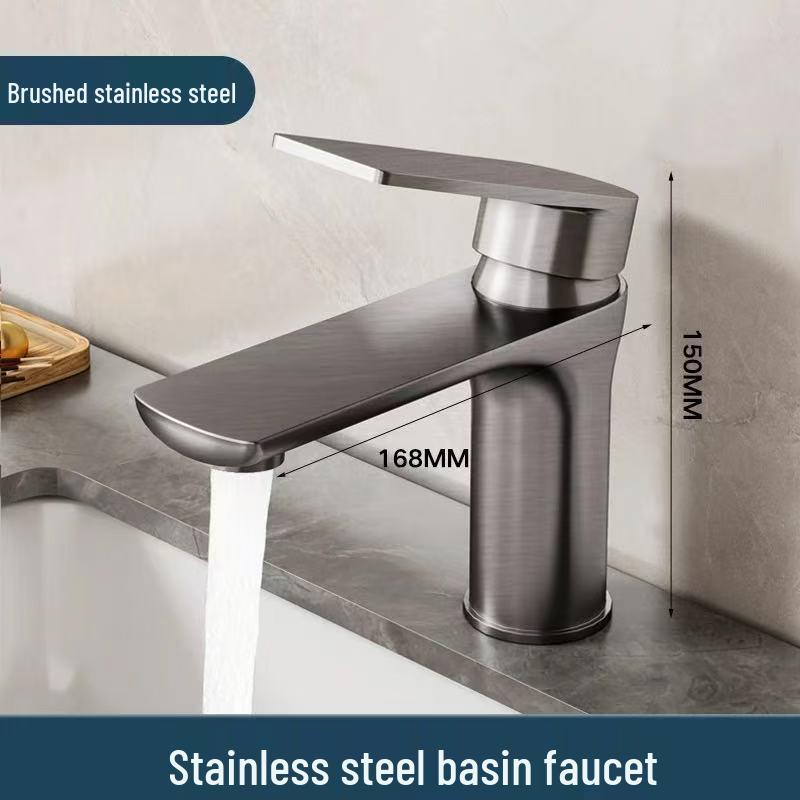 Brushed Stainless Steel Single Cold Water Washbasin Faucet for Flat or Countertop Basin 