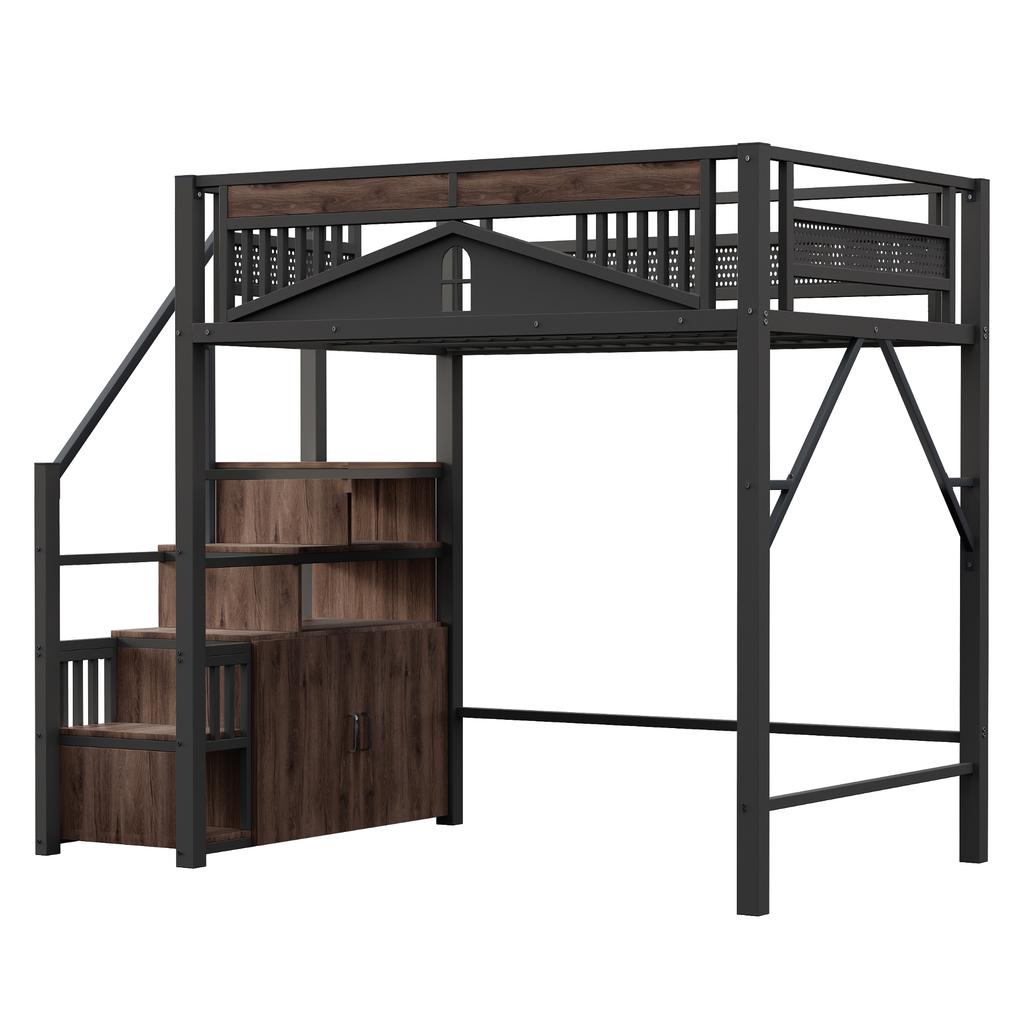 Metal Loft Bed 140 x 200 cm, Unique Safety Enclosure with Window, Safety Ladder with Locker, Black, Old SKU is LDB00359AAB