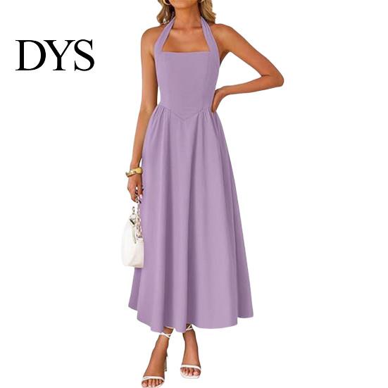 Women Dress Women's Halter Midi Dress, Summer Sleeveless Backless A-Line Long Square Neck Vacation Beach Sundress