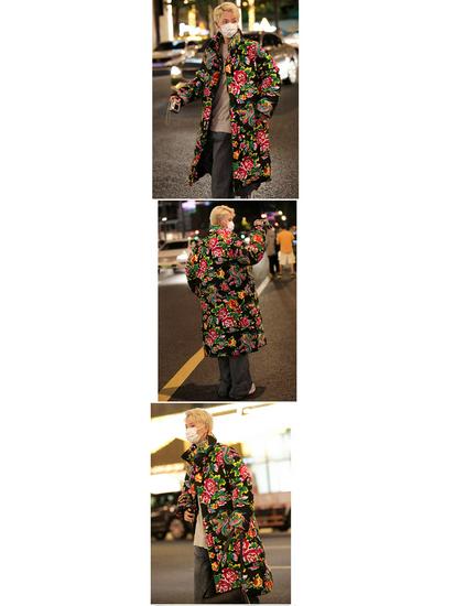 A3 Cotton Padded Hanfu Jacket: Unisex Long Loose Fit, Warm Flower Design, Trendy Cold Protection
