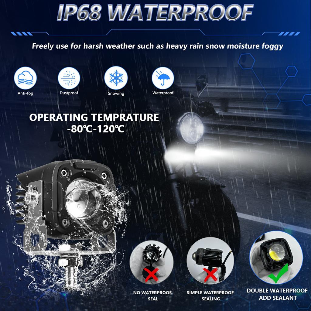 2Pcs Motorcycle LED Spotlight IP68 Waterproof High Low Beam Headlight for Off Road Electric Vehicles