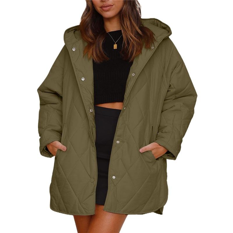 Women s Lightweight Quilted Hooded Coat  Mid Length Casual Puffer Jacket With Pockets L армия зеленый