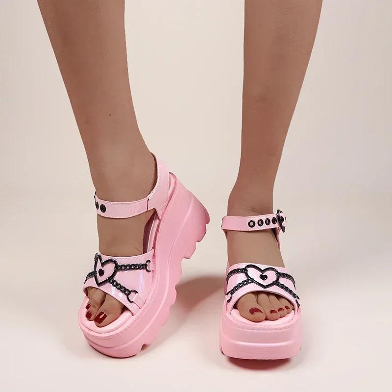Fashion 35-43 Plus Size Fashion Slope Heel Women Sandals Metal Chain Decoration Female Buckle Platform Shoes Women's Sandals Tide Shoes