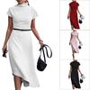 Lady Dress Solid Color Short Sleeve Half High Collar Tight Waist Oblique Hem Office Dress Female Clothes