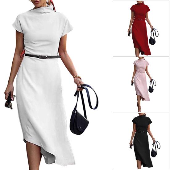 Lady Dress Solid Color Short Sleeve Half High Collar Tight Waist Oblique Hem Office Dress Female Clothes