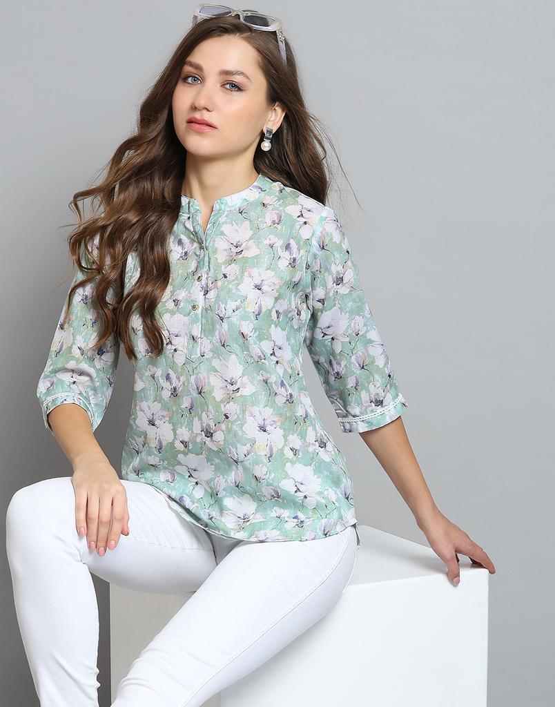 Monte Carlo Womens Printed Green Round Neck 3/4 Sleeve Top