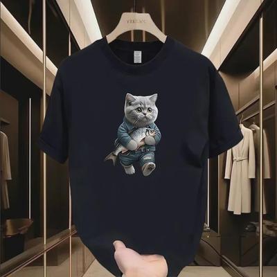 Unisex Yaz Kedi Baskılı Tişört - Amerikan Moda Markası, Kısa Kollu, Çok Yönlü Çift Tişörtü