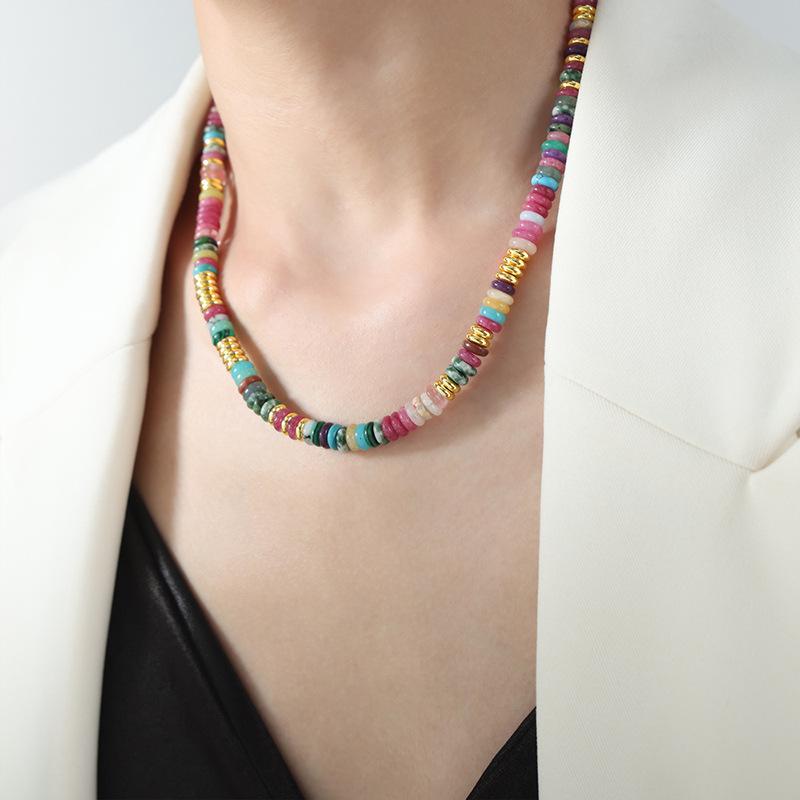 

Натуральный камень разноцветные бусины счеты круглые бусины ожерелье ручной работы титановая сталь индивидуальная ключичная цепочка ювелирные изделия для женщин