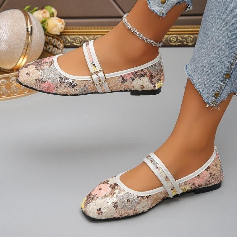 Colorful Sequin Mary Jane Shoes Women's Spring New Round Toe Shallow Mouth with Skirt Flat Slip Single Shoes