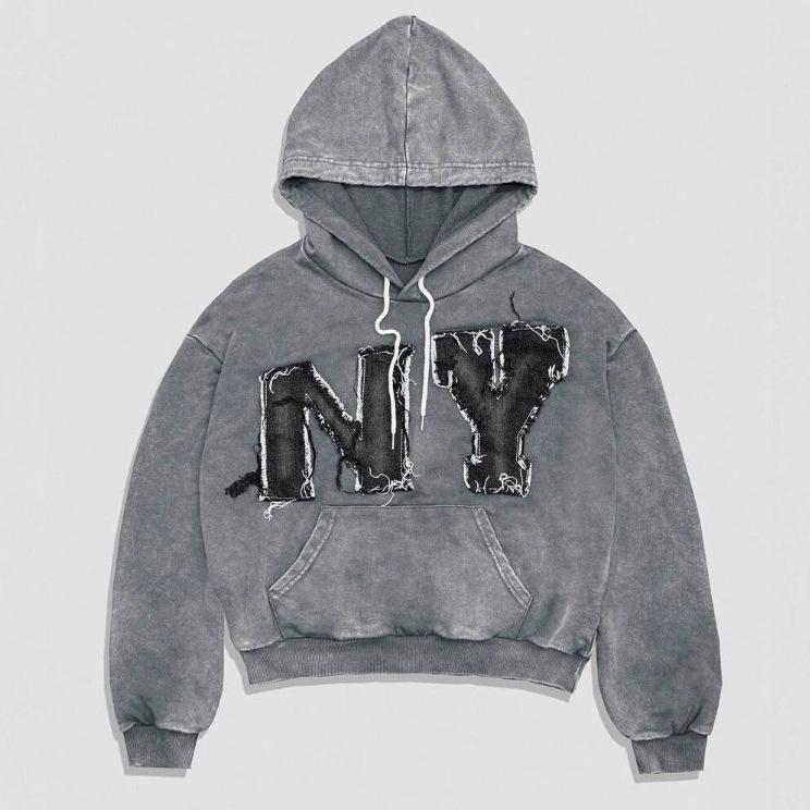 Retro 3D printed NY letter hooded sweater, street trendy brand loose fashion design top