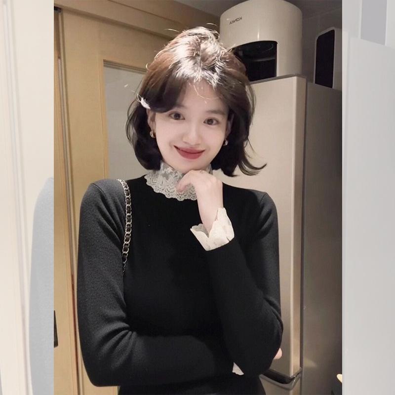 Pink girlish sweater women's autumn and winter stacked semi-turtleneck bottoming shirt lace inner shirt long-sleeved knitted top