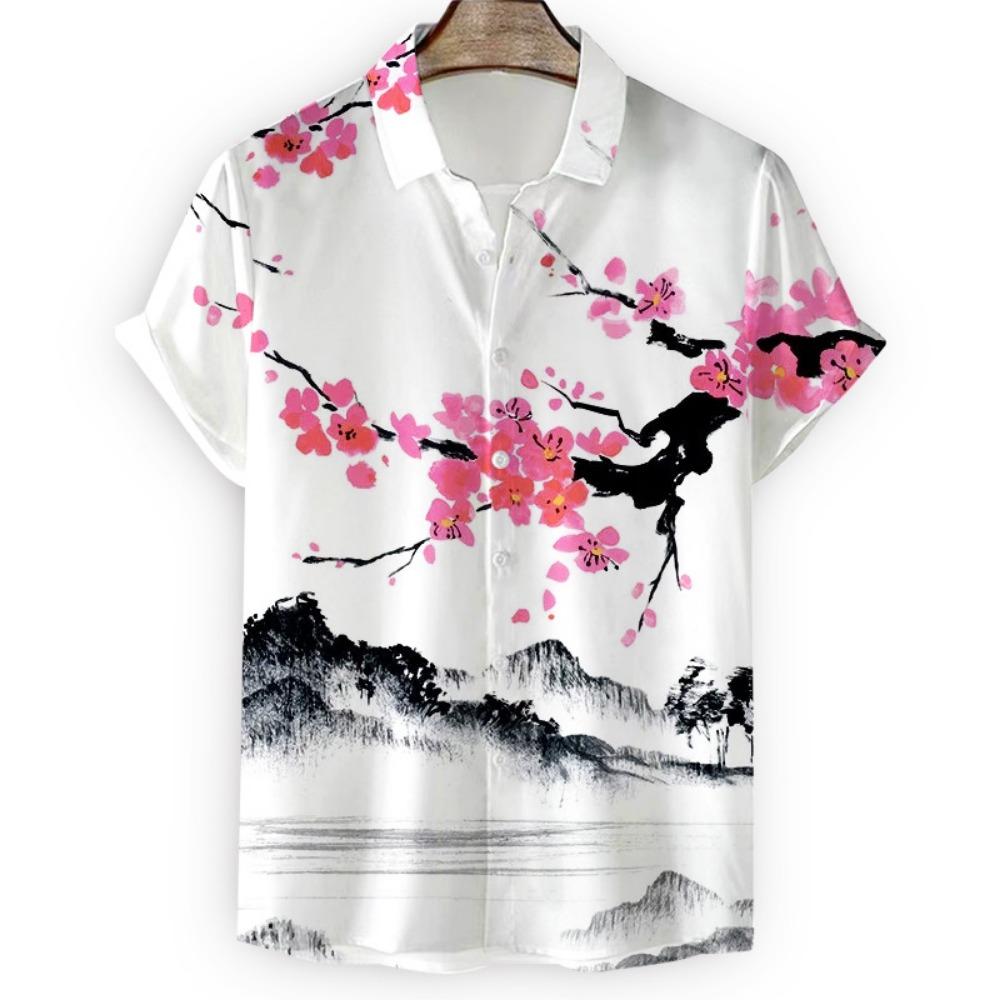 Japanese Flower Bird Print Fashion Men's Shirt Hawaiian Blouse Casual Loose Breathable Short Sleeve Outdoor Street Men's Clothes