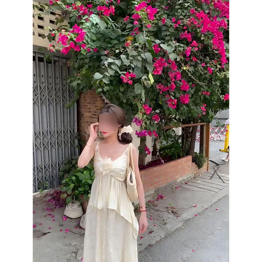 Gentle lace splicing high waist skirt suspender suit women's summer seaside vacation atmosphere a complete set of wear