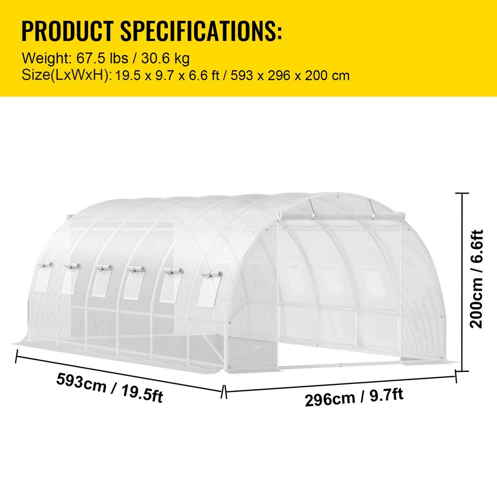 VEVOR Estufa Túnel Walk-in, 609,6 x 304,8 x 213,4 cm Estufa Portátil para Plantas com Arcos de Aço Galvanizado, 3 Vigas Superiores, 4 Hastes Diagonais