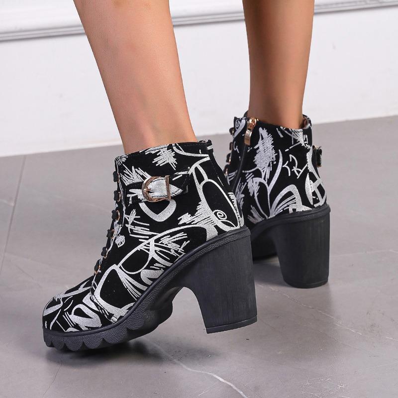 Fashion 2024 New Fashion Round Toe Women's Boots, Versatile Spring and Autumn Mid-calf Side Zipper Printed Comfortable Women's Boots